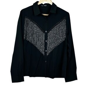 SHEIN Black Metallic Fringe Cowgirl Long Sleeve Western Button Front Top Large